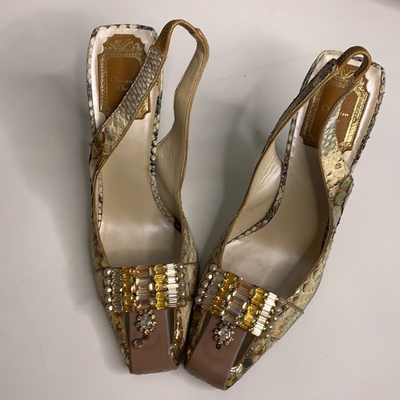 Vintage Christian Dior python square toe Jeweled gold sling back stiletto - Picture 15 of 16